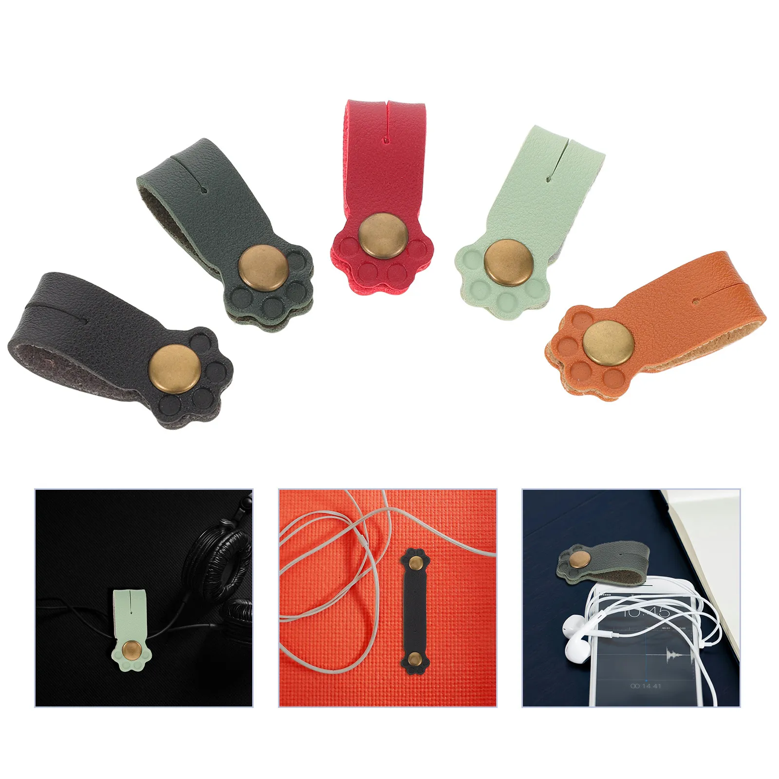 5Pcs Cute Cat Paw Earphone Winder PU Cable Wrap for Headphones Charging Cords Data Wires Clutter Free Portable Lightweight Cord