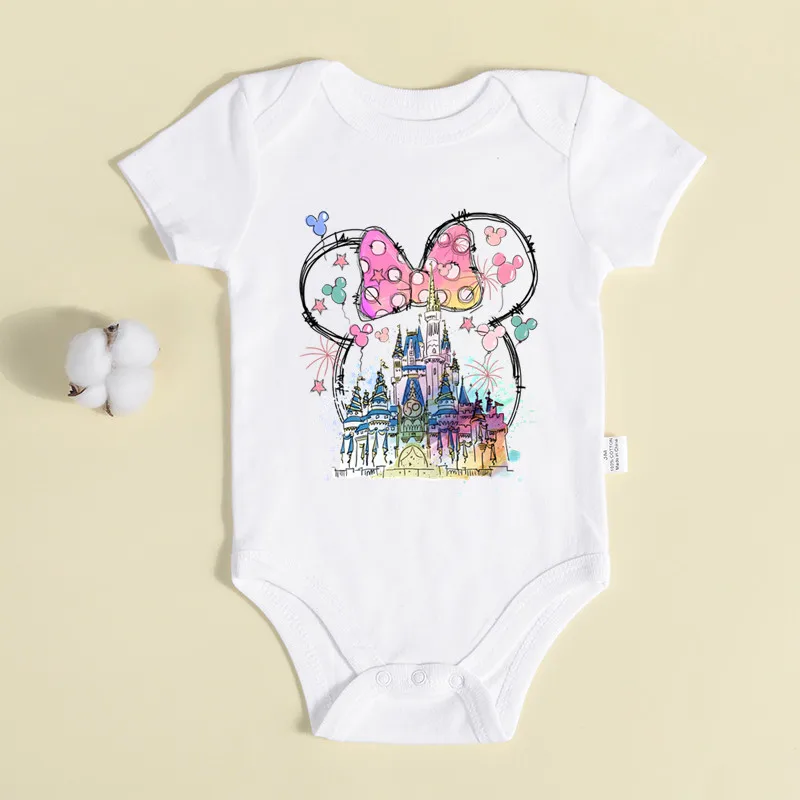 Summer Disney Micky Mouse Ear Dreamy Watercolor Castle Print Baby Girl Clothes Cotton Bodysuits & One-pieces