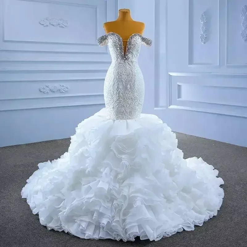 맞춤형 럭셔리 스위트하트 반짝이 비즈 웨딩 드레스 오프숄더 멀티 레이어드 러플 신부 드레스