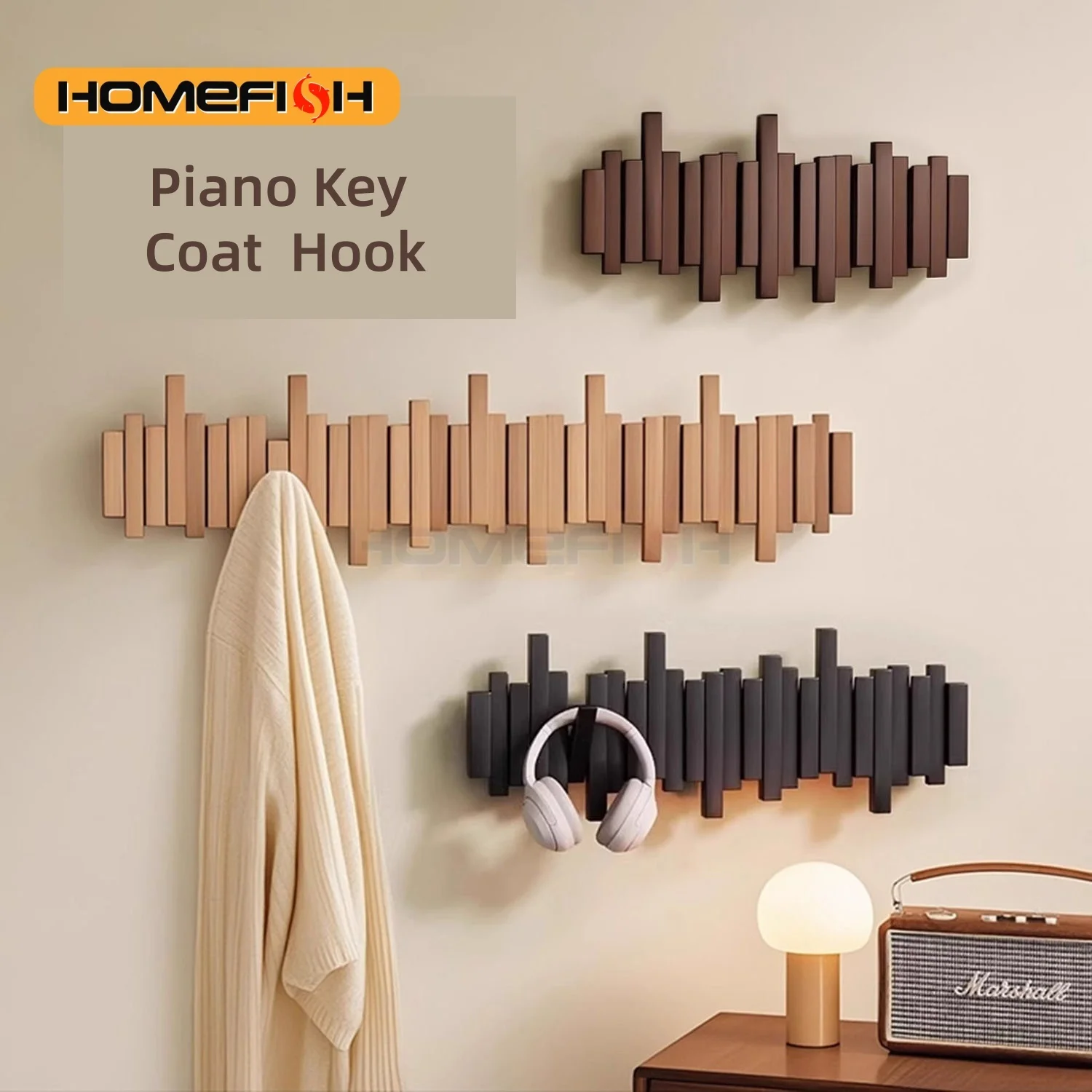 천연 너도밤나무 벽걸이 피아노 키 코트 랙, 여덟 개의 확장 가능한 후크, 공간 절약형 미니멀리스트 디자인