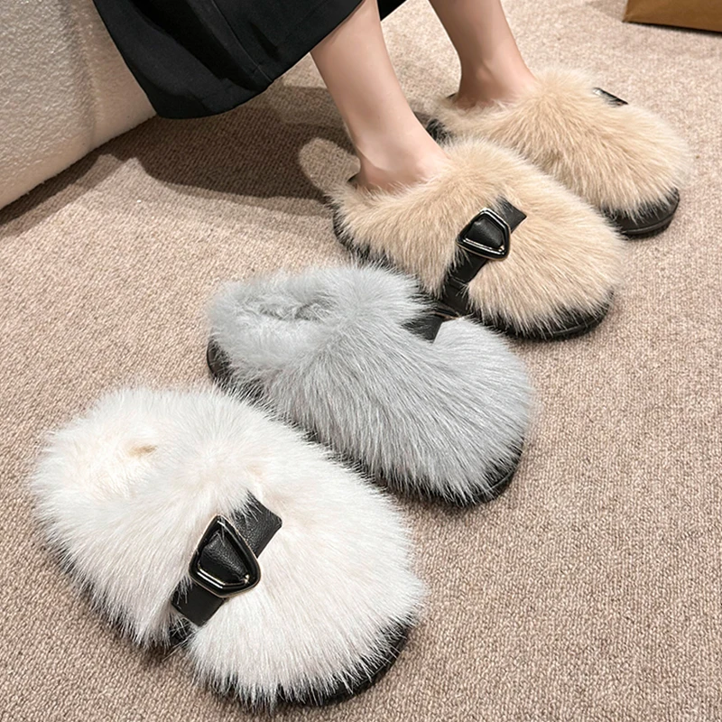 2024 New Fashion Winter Warm Closed-toe Fluffy Slippers Cosy Non-slip Slides For Women Indoor Ladies' Mule Home Cotton Shoes