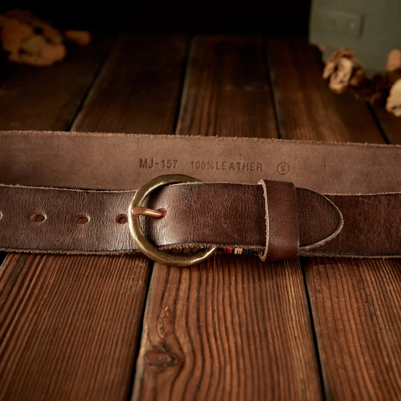 New Jeans Belt Handmade Vegetable Tanned Leather Brass Ring Buckle Belt for Casual Work Jeans Men's Western Cowboy Waist Belts