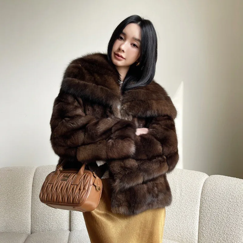 

A new short purple fur coat with large lapel and mixed for women