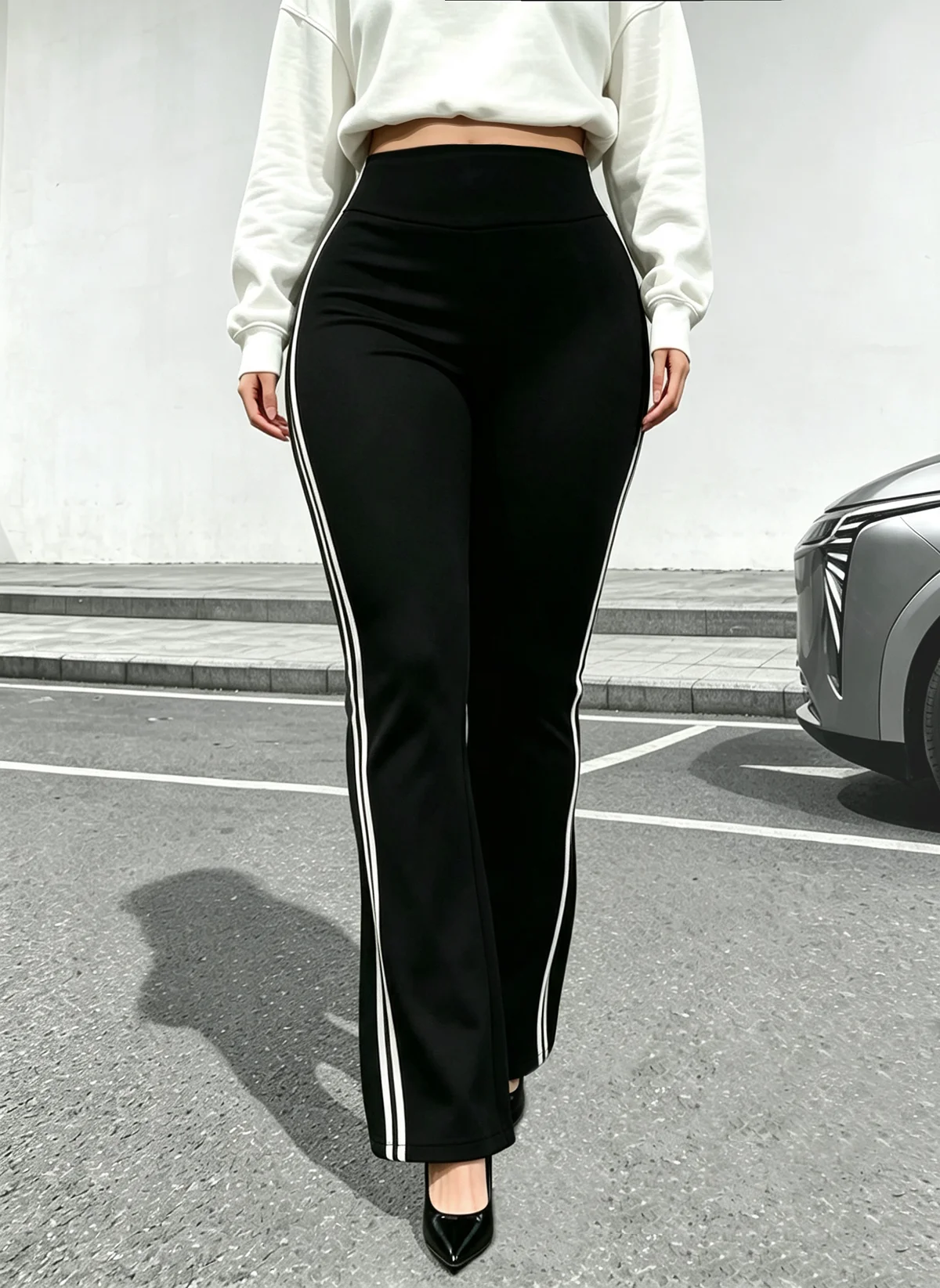 Herbst-Winter Damen Modische Weiß Gestreifte Weite High-Stretch Schlaghose für Tägliche Spaziergänge, Pendeln und Urlaub – Detail 2