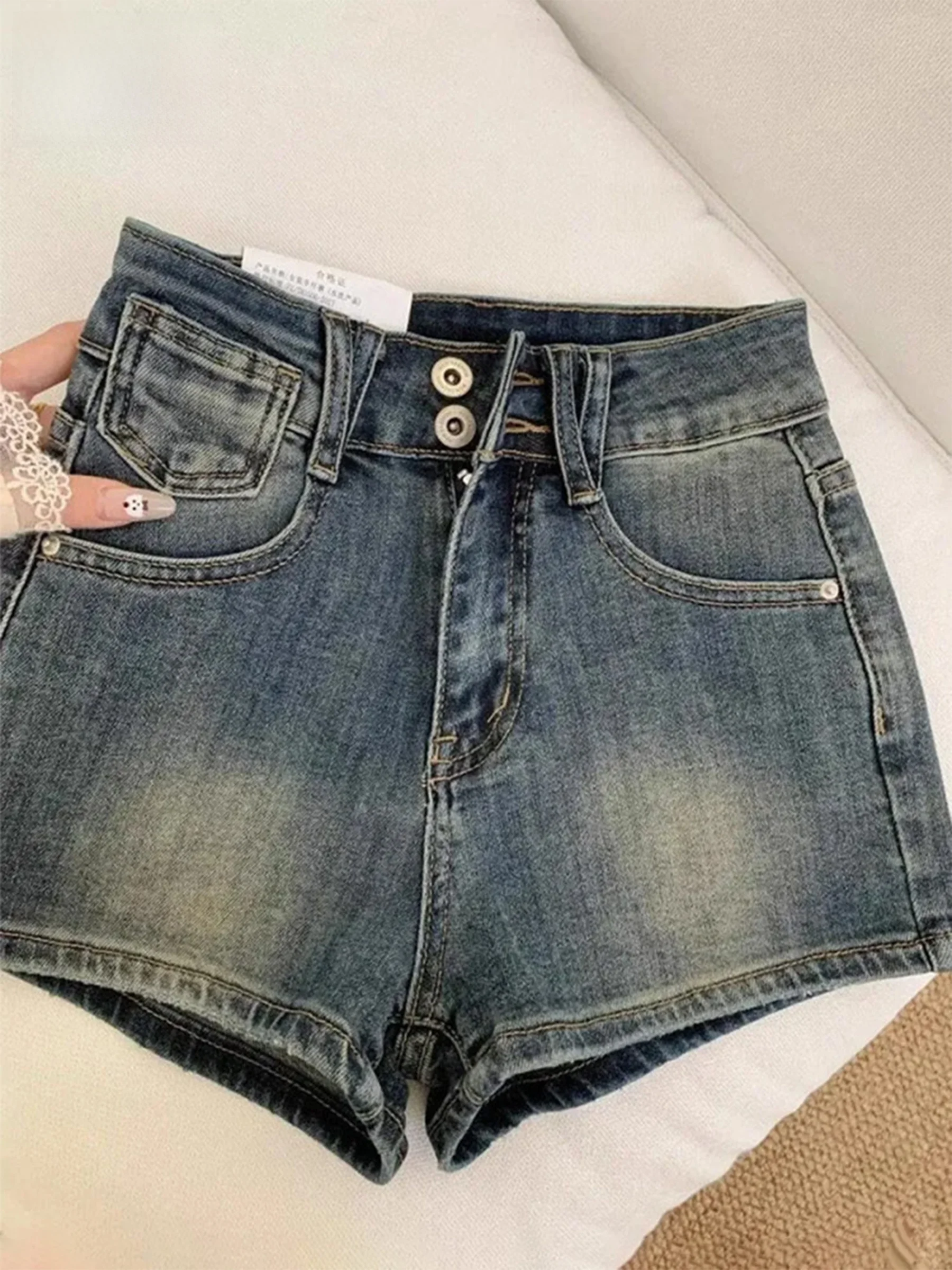 

Женские укороченные джинсовые шорты в американском стиле с эффектом потертости, облегающие, с высокой талией, повседневные, свободного кроя, светло-голубые, летние, хит продаж