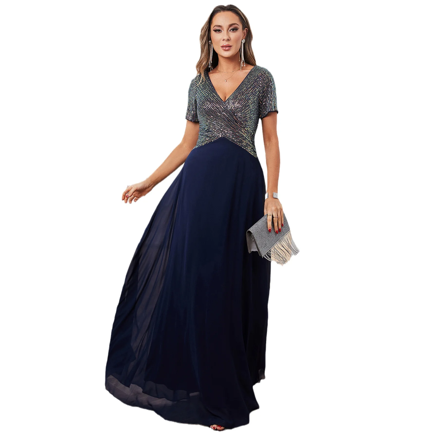Ele ort sve vestido de noite nova chegada verão cross-border feminino dr cintura alta tecido de veludo profundo v-ne vestido
