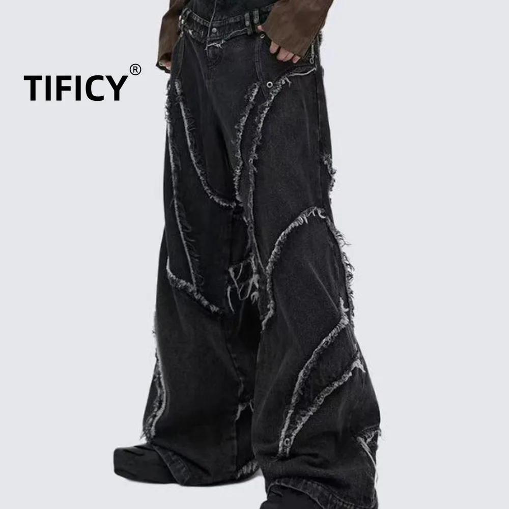

High Waisted Loose Straight Leg Jeans Pants Men's Fringed Black Casual Loose Denim Pant Men Clothing Wide Leg Jeans