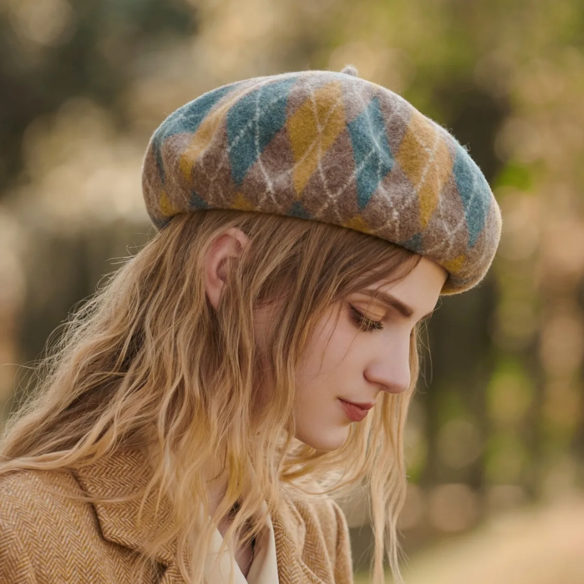 2025 New Color Block Wool Beret, Fashion Casual Plaid Painter Hat for Women, Warm Thick Winter Knit Cap, Unisex Slouch Beanie