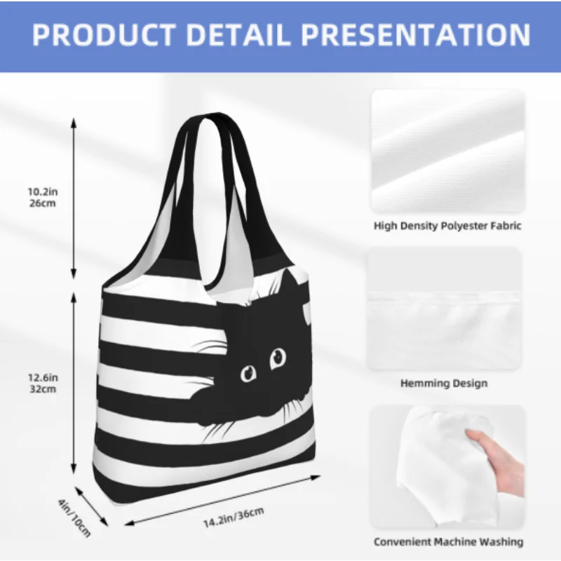 أبيض وأسود مخطط القط البقالة التسوق حمل الحقائب النساء التقليدية الصباغة الفن قماش حقائب الكتف للمتسوقين القدرة