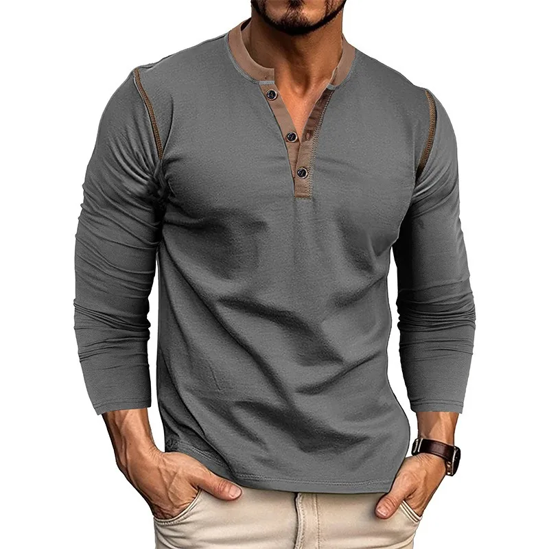 

2025 European and American Men's Autumn and Winter Long-sleeved Henry Shirt for Men's Retro Pure Color T-shirt