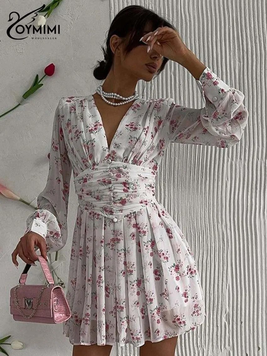 

Oymimi Casual White Print Women's Dress Fashion V-Neck Long Sleeve Button Dresses Casual High Waist Pleated Mini Dresses Female