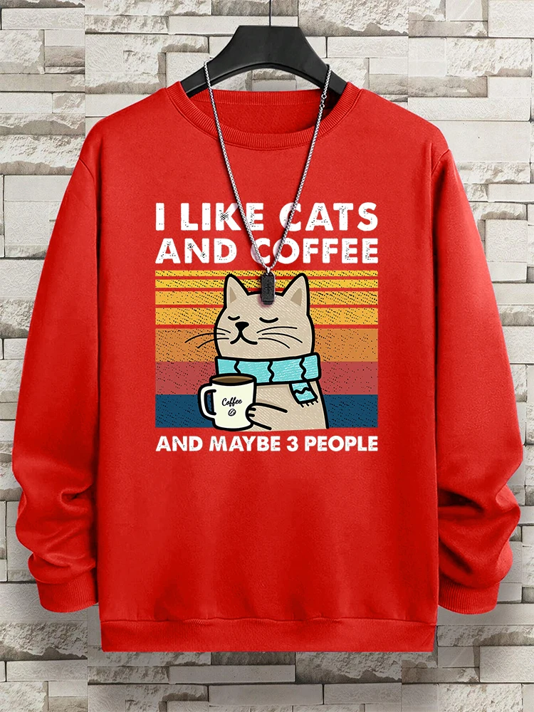 I Like Cats And Coffee And Maybe 3 People Man Hoodies Hip Hop Fleece Sportswear Fashion Crewneck Clothes Autumn Pullover Couple