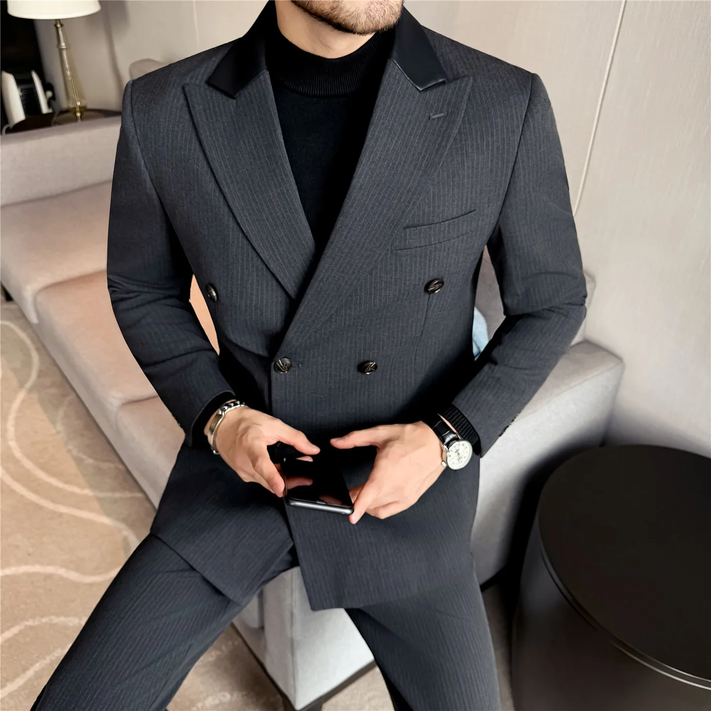 

2 шт. (пиджаки + брюки) осень-зима толстые двубортные мужские костюмы деловая официальная одежда облегающее свадебное платье 4XL