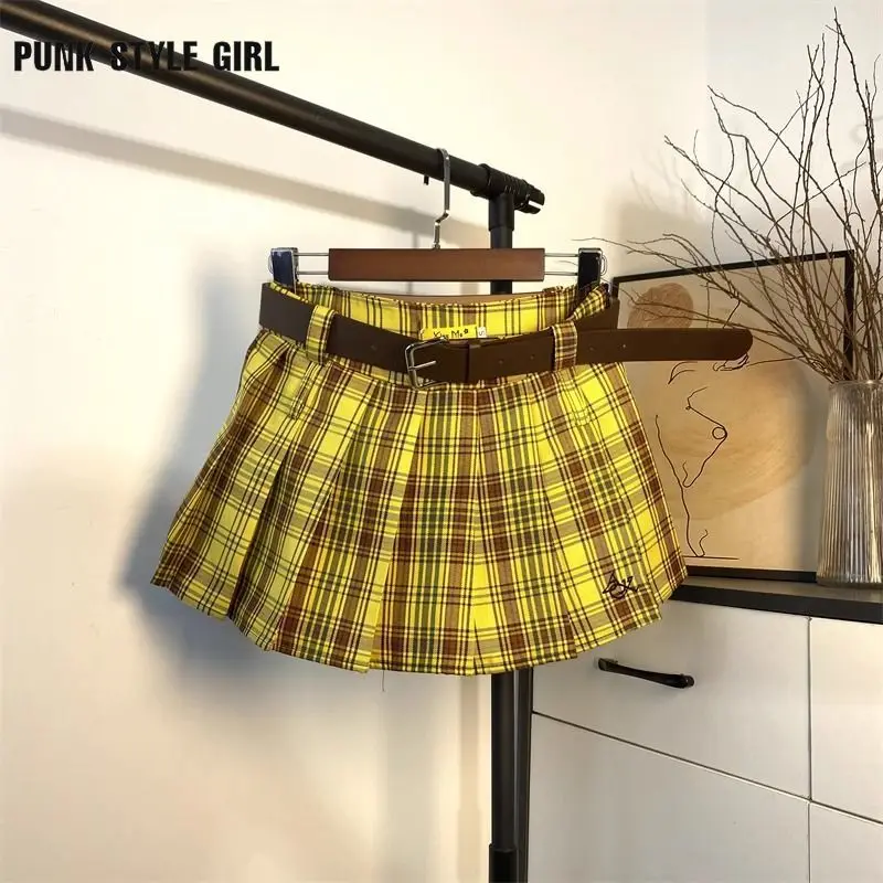 Japanese School Uniform Student JK Kawaii Mini Skirt Summer Dance Punk Harajuku Y2K Casual Yellow Plaid Print Aesthetic Skirts