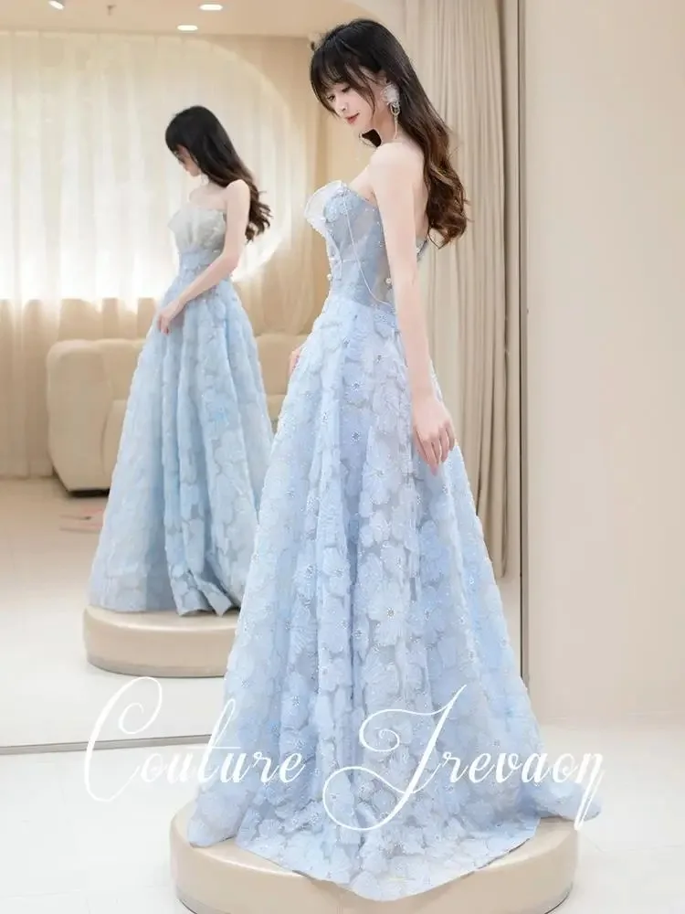 Azul vestidos de celebridades floral a linha apliques sem alças pérolas querida fada longo quinceanera festa de formatura vestidos de baile