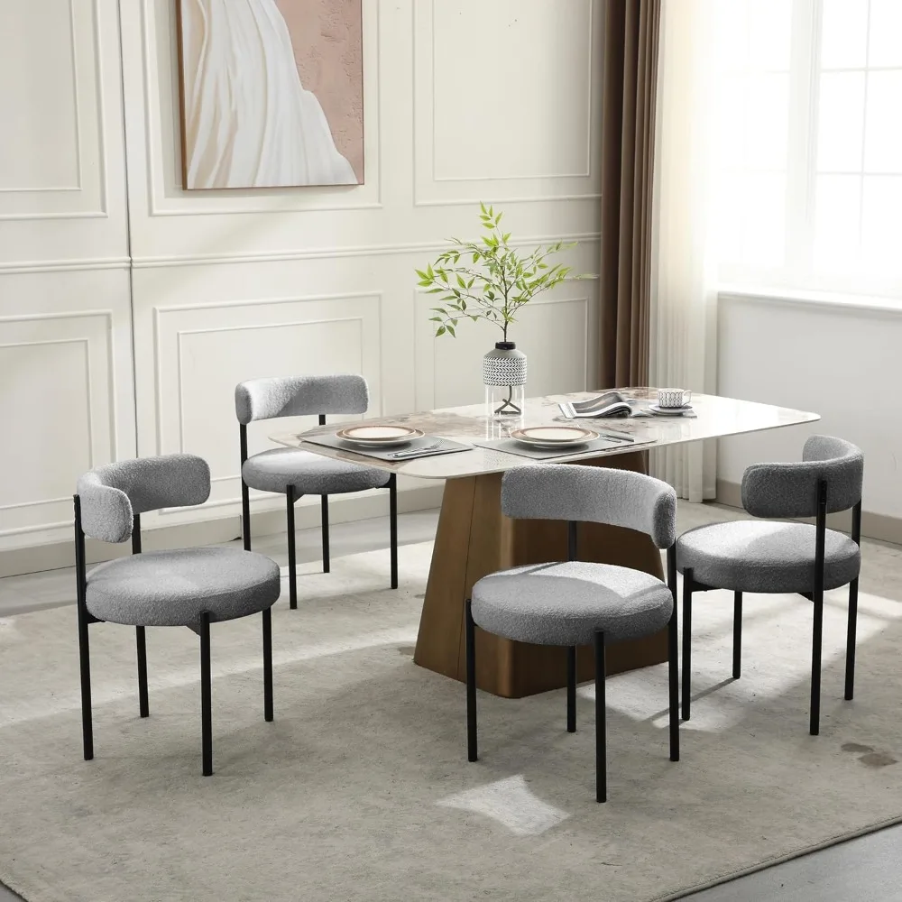 

Boucle Dining Chairs Set of 4, Grey Dining Chairs with Upholstered Seat and Round Back, Mid-Century Modern Kitchen Chairs for Di