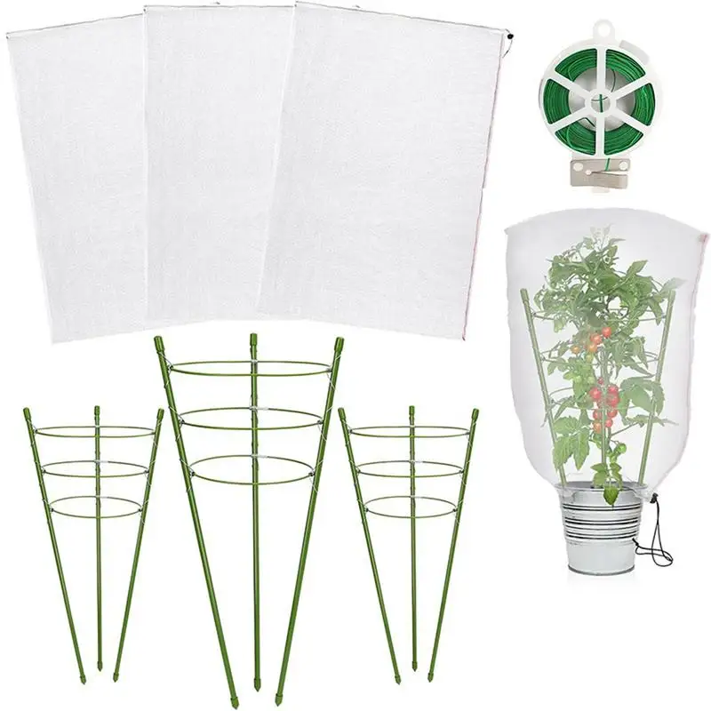 Mesh Tomato Cage 3pcs Set Round Plant Support Stake Tower With Drawstring Plant Cover Insect Birdproof Garden accessories