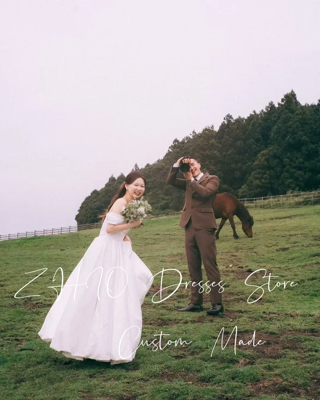 ZHIO Modernes Falten-Hochzeitskleid, schulterfrei, A-Linie, Elfenbein, Seide, Taft, Korea, Fotoshooting, Braut-Empfangskleid, individuell gestaltet