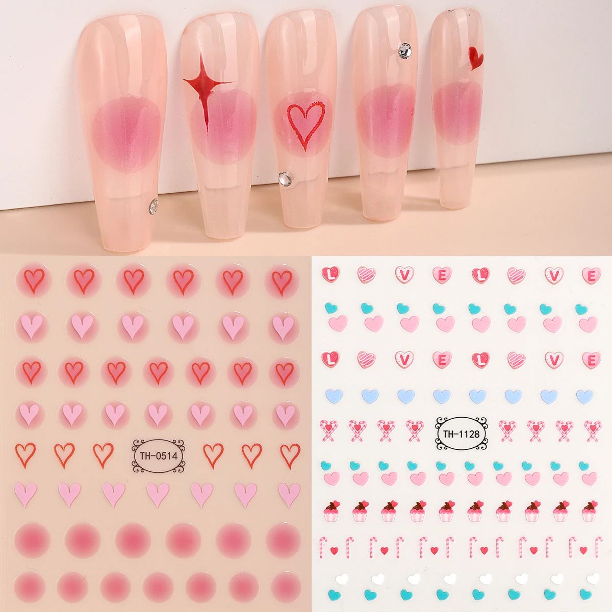 

Pink Gradient Hollow Heart Nail Sticker Candy Press on Nails Decals for Valentine's Day Self-Adhesive Slider Manicure Decoration