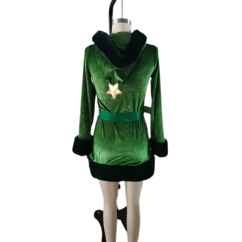 Women Christmas Tree Green Dress Adult Hooded Sequin Fancy Costume with Belt Pom-pom Christmas Costumes Halloween Carnival Party