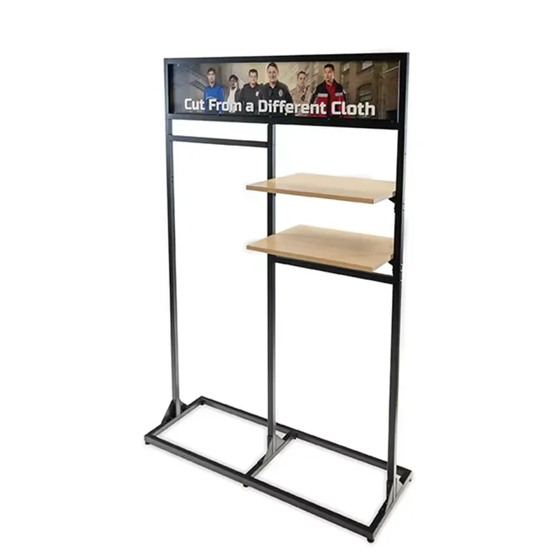 Outdoor Jacket Clothing Display Stand 2-Tier Shelves Floor Standing Metal Wood Easy Assembly Carton Packed for Fashion Stores