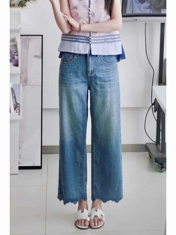 

Новые китайские синие прямые джинсы, женские брюки из девяти предметов с кружевной отделкой и высокой талией, смесь хлопка, весенний сезон Faion