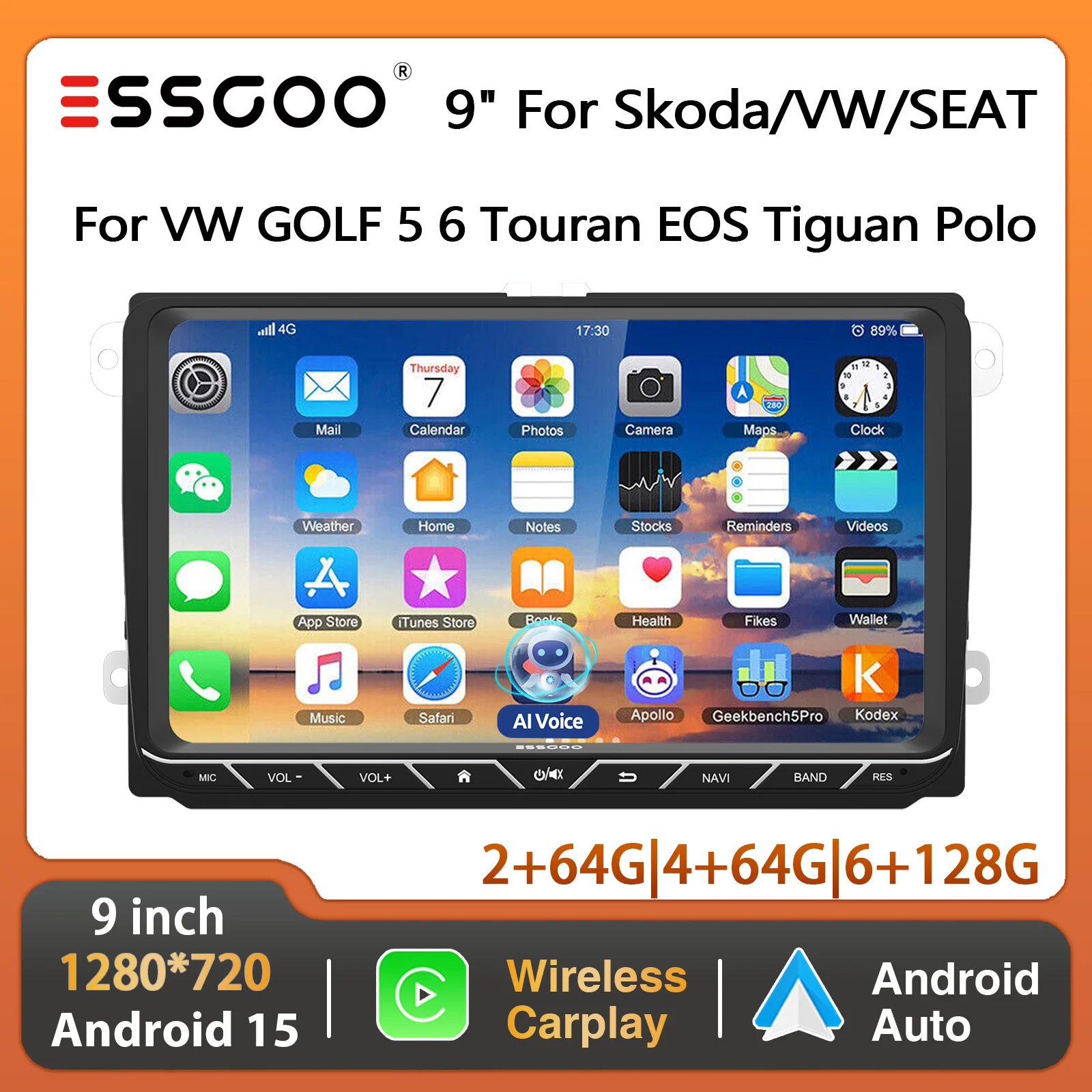 ESSGOO Android 15 9" 4+64G Autoradio für VW Tiguan Caddy EOS Jetta T5 Passat Polo 6R Golf 5 6 Touran Bluetooth Wireless Carplay GPS Navigation RDS WiFi Mirror Link Touchscreen KI Sprachsteuerung