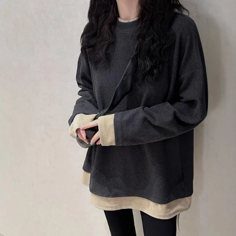 

Contrast Color Fake Two-piece Bottoming Shirt for Women Autumn Winter Loose Mid-length Long-sleeved T-shirt Top