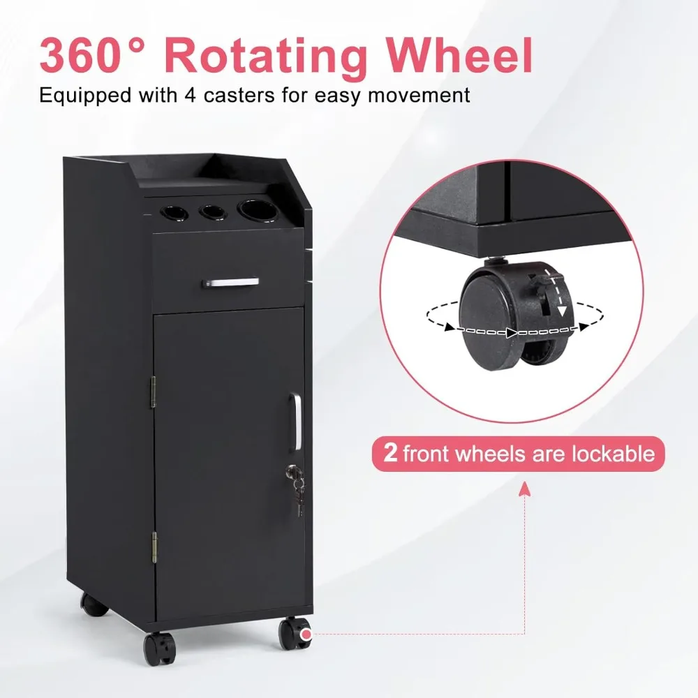 Carrinho de armazenamento para salão de cabeleireiro com rodas e 3 suportes para secador de cabelo, 4 gavetas, fechadura e 2 chaves, estação de ferramentas de cabeleireiro, maquiagem móvel