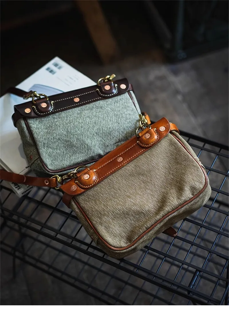 Organizer Designer Vintage High Quality Canvas Genuine Leather Men Crossbody Bag Travel Luxury Handmade Waterproof Shoulder Bag