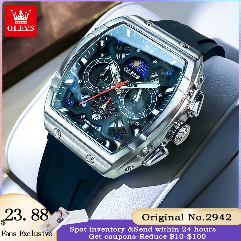 OLEVS 2942 Men\'s Watches Trendy Red Strap Moon Phase Auto Date High Quality Wristwatch Original Waterproof Luminous