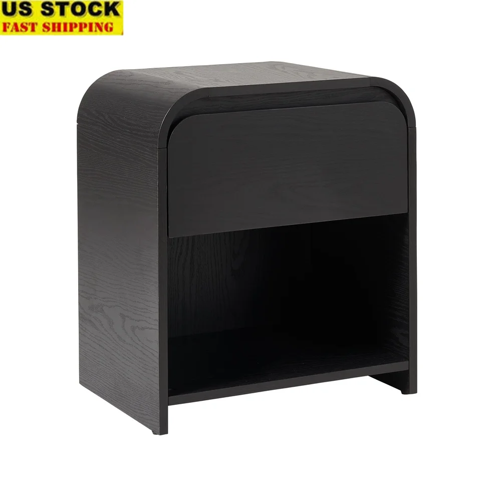 

Modern Nightstand with USB Charging Port Compact Bedside Table 1 Drawer Storage Cubby Engineered Wood Black Finish Small Spaces