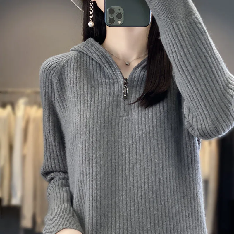 Women's boutique high-end hooded knitted cashmere sweater with zippered collar pullover, long sleeved new cashmere sweater