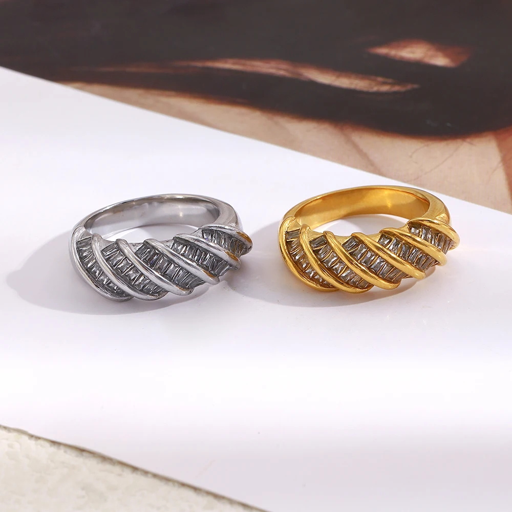 E.B.belle Kreativer Personalisierter Gedrehter Rechteckiger Zirkonring, Besonderes Design, Rostfreier Edelstahlschmuck für Frauen – Detail 5