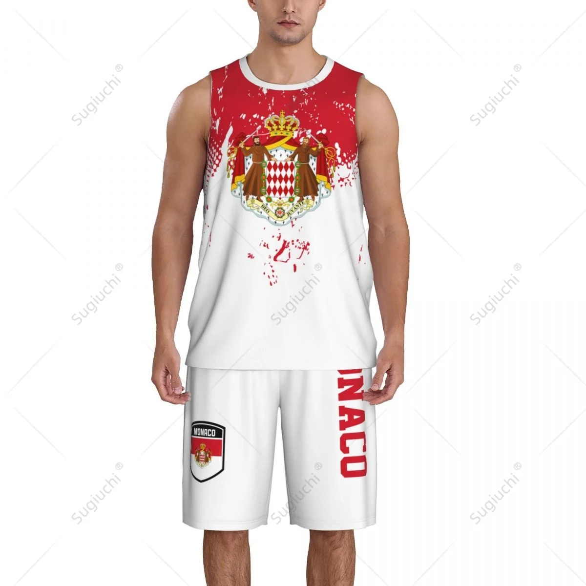 Team-up Monaco Flag Grain Conjunto de camiseta y pantalones de baloncesto para hombre, sin mangas, nombre personalizado, Nunber exclusivo