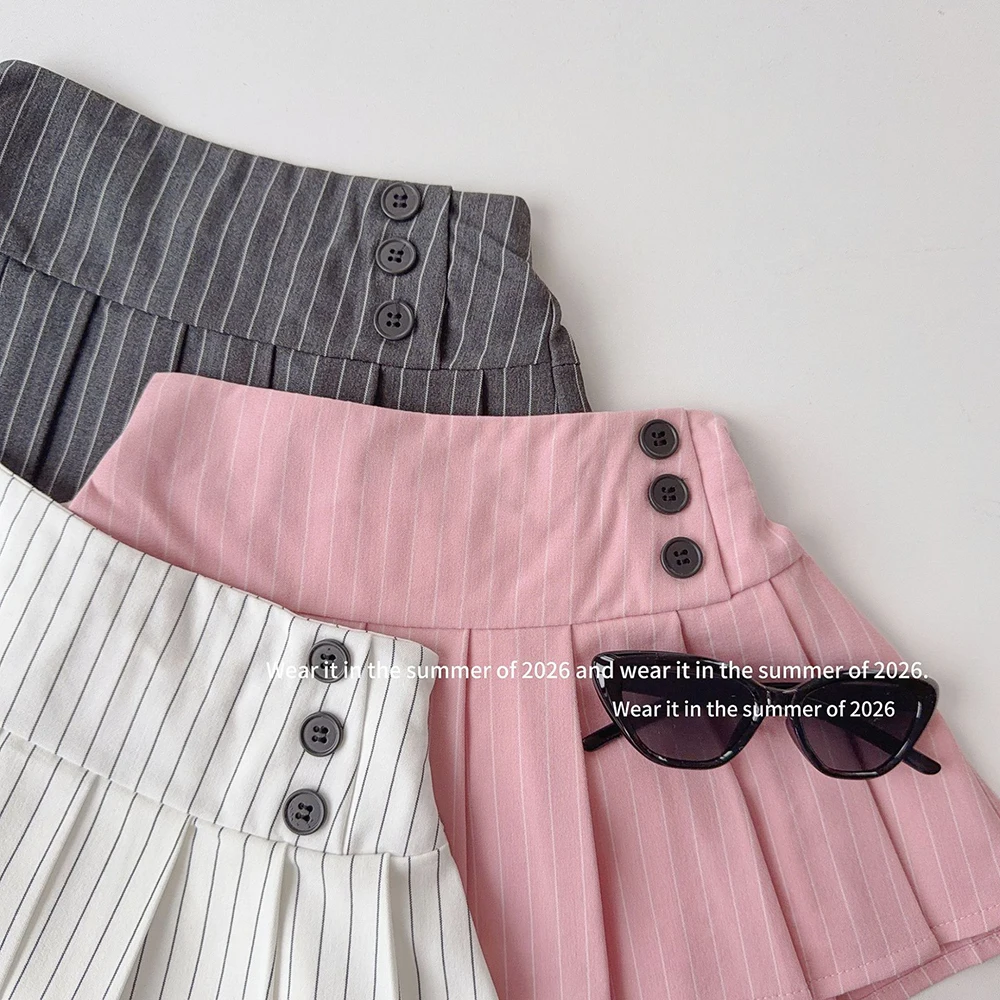 Kids Summer Striped Skirt Preppy Style Vertical Pinstripe Pattern Pleated Skirts for Girls 2026 Casual Children Pleated Skirt