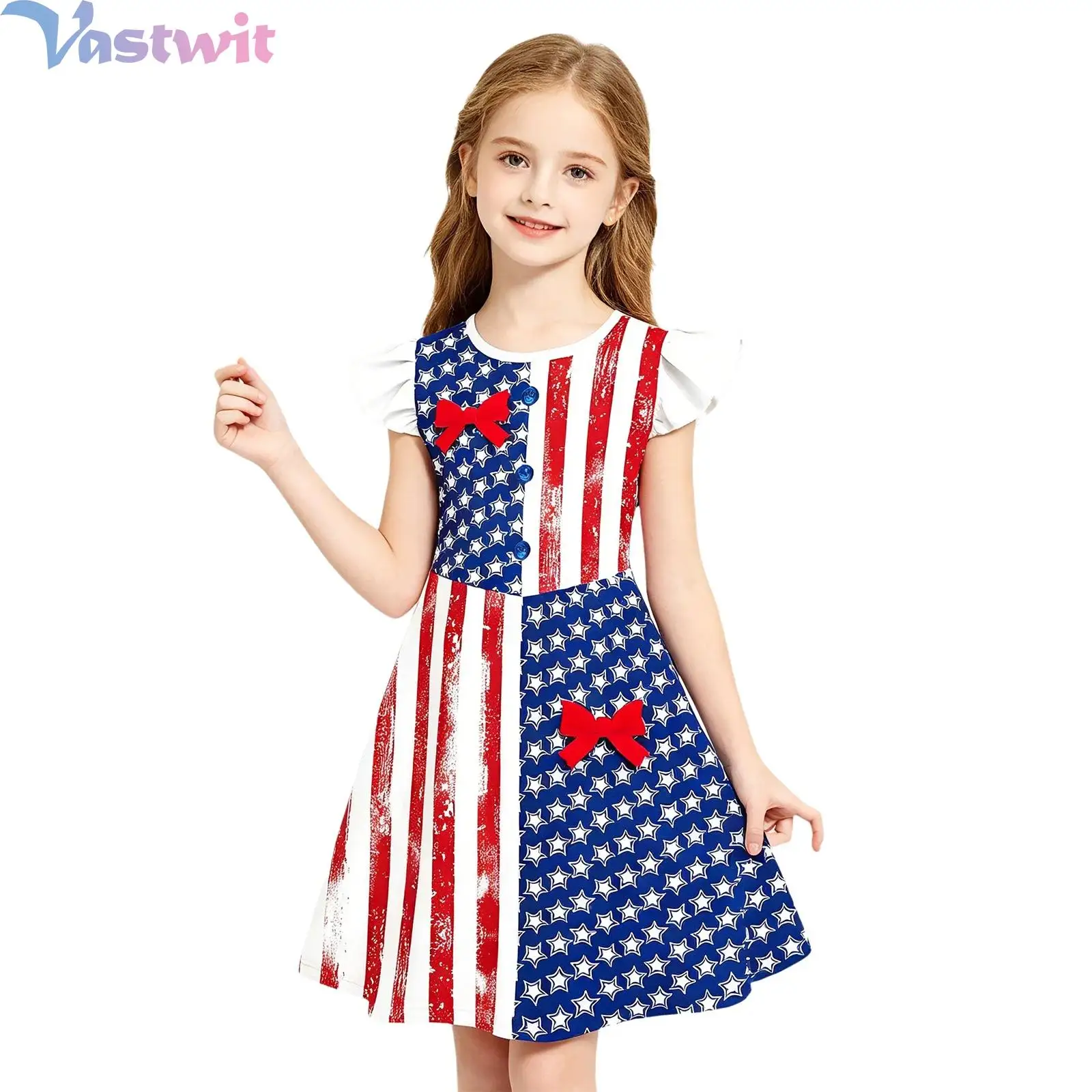 Kids Girls Star-patterned Flutter-sleeve Adorable Dress with Stripes Buttons and Bows for Independence Day Daily Wearing