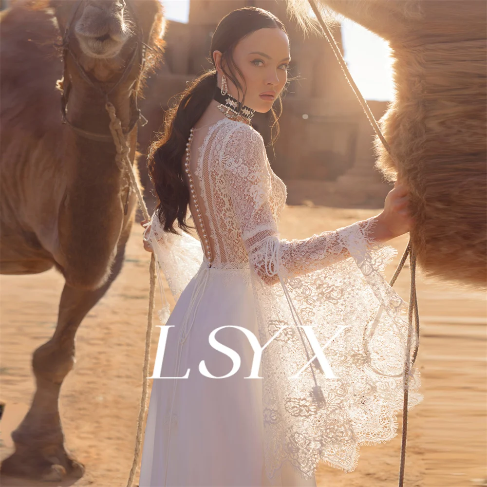 LSYX Boho Long Flare Sleeves Crepe Lace V-Neck Mermaid Wedding Dress Illusion Button Back Court Train Bridal Gown Custom Made