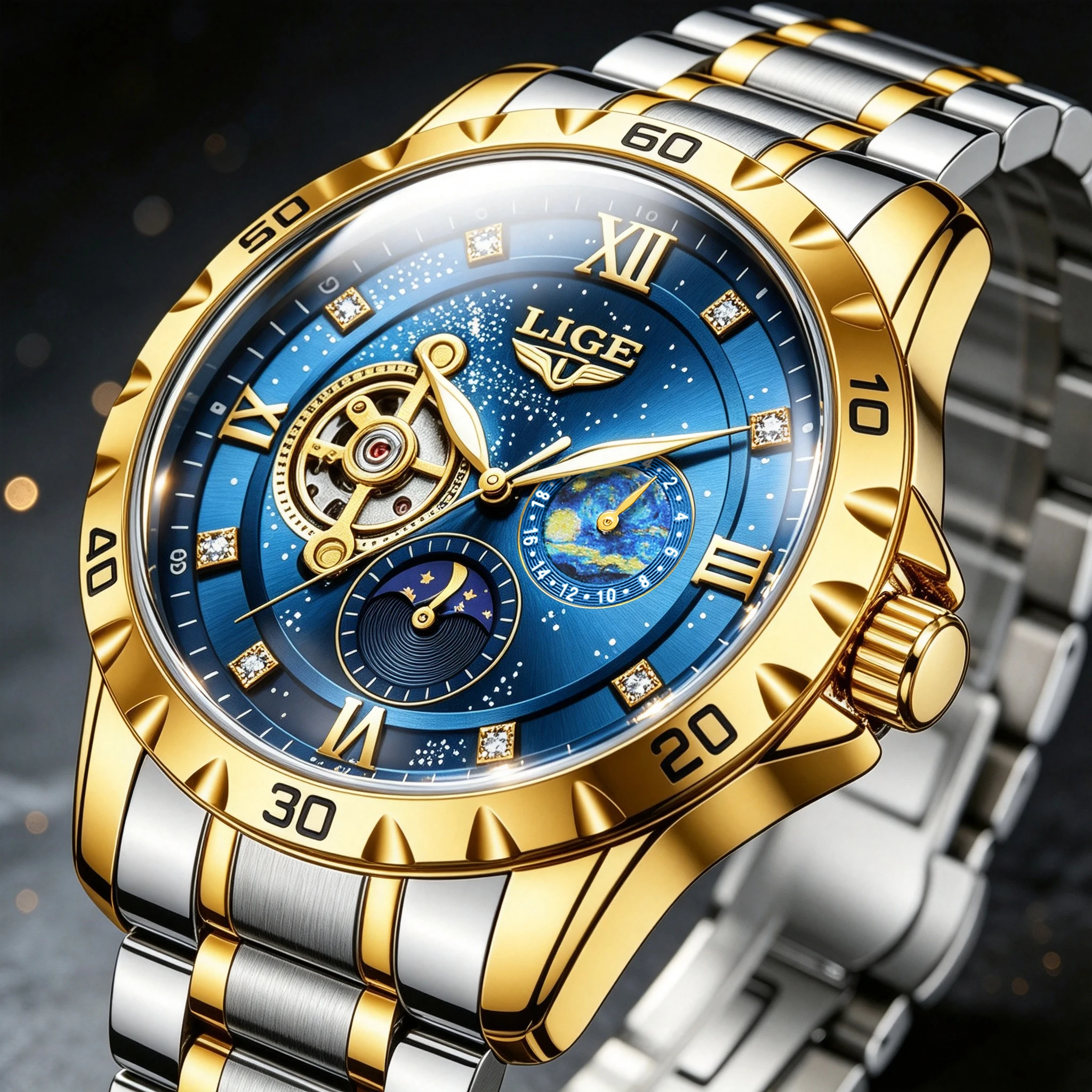 LIGE New Automatic Mechanical Men Watch Business Waterproof Luminous Sun Moon Stars Men's Wristwatch Clock reloj hombre