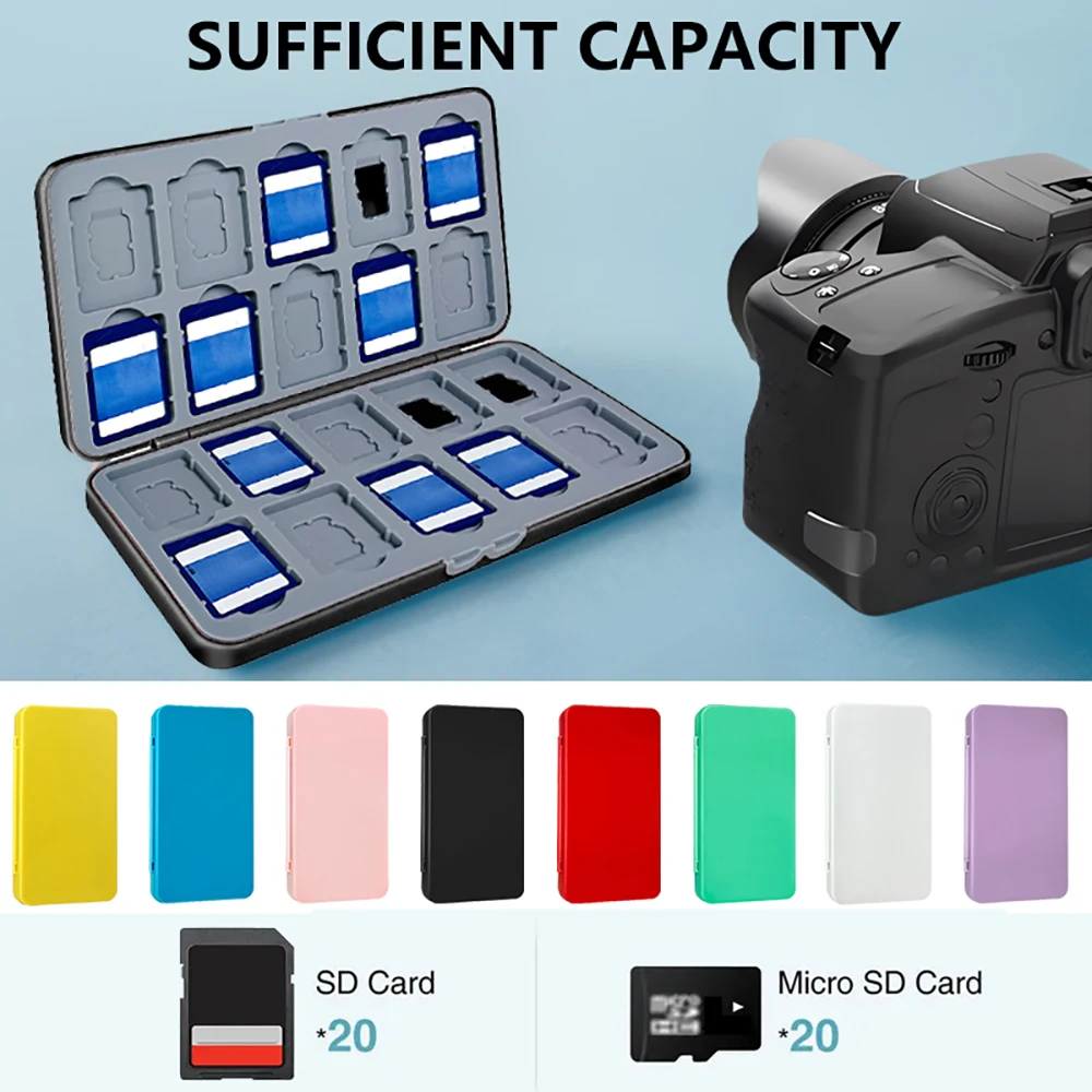 Portable SD and Micro SD card storage box with 40 card slots (20 SD+20 TF), suitable for SDHC, SDMC, TF cards