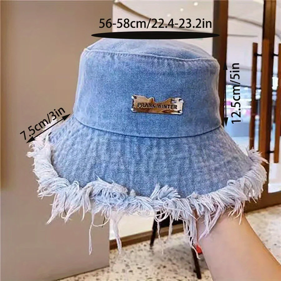 Panama Metal Label Denim Bucket Hats Shabby Breathable Sun Protection Fisherman Hat For Women Men Summer Sport Hiking Bob Caps