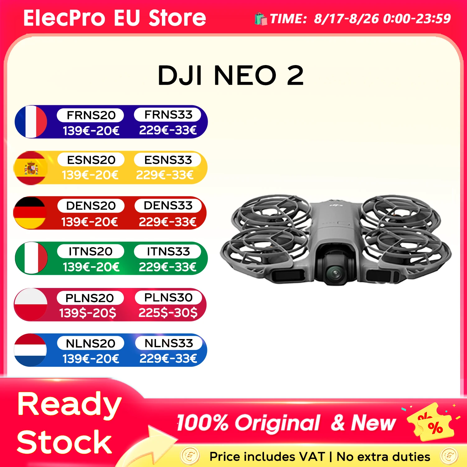 DJI Neo 2 Drohne Flugkamera-Drohne 4K stabilisiertes Video 151g Leicht & Tragbar Vollständig Abdeckender Propellerschutz nine 2 C0 Neu