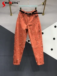 Rust Red Denim Trousers for Women 2023 Spring and Autumn New Fashion Versatile Loose Slimming High Waist Harem Pants Female