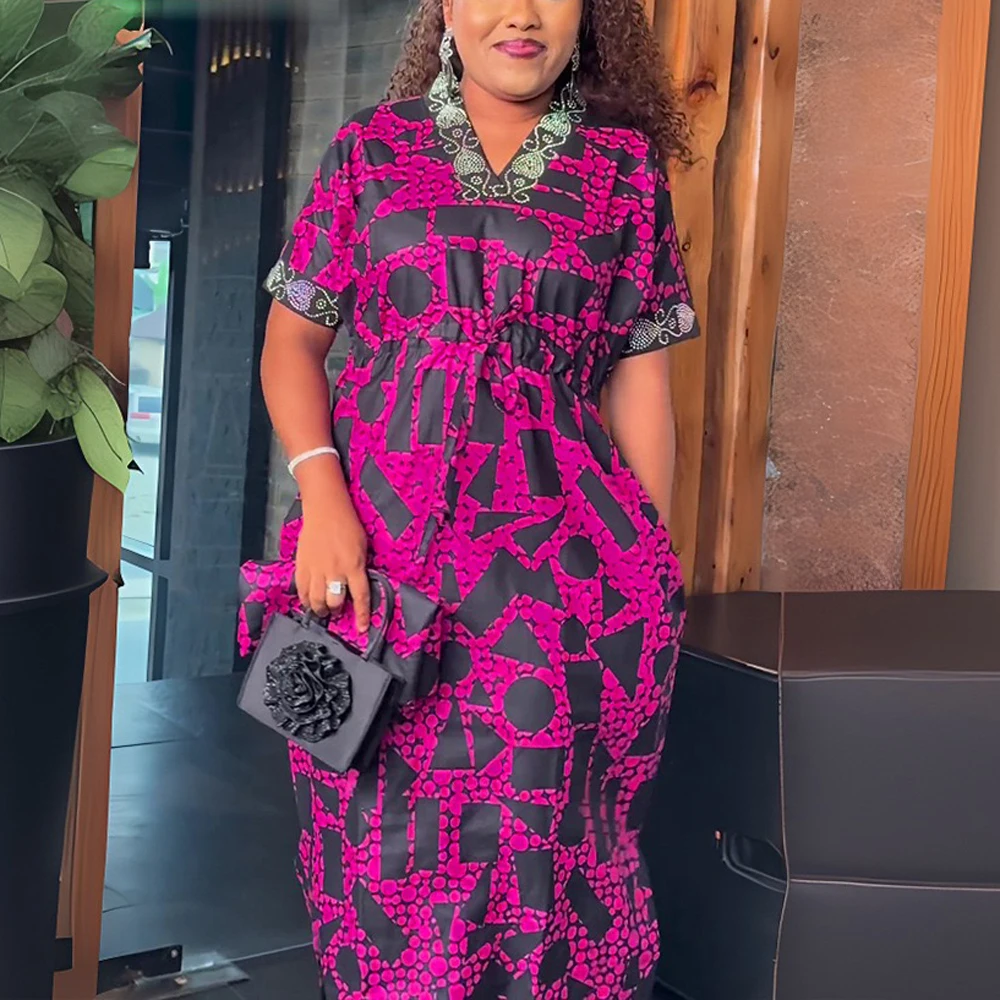 

Elegant African Dresses Printed V Neck Short Sleeve Diamond Straight Floor Length Luxury Ladies Birthday Party Dinner Vestidos