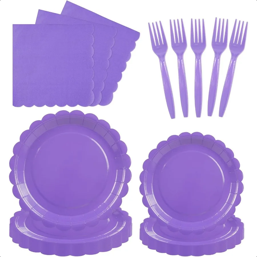 

96PCS Lavender Paper Plates and Napkins 24 Guest Light Purple Tableware Set Include Scalloped Paper Plates Napkins and Forks D