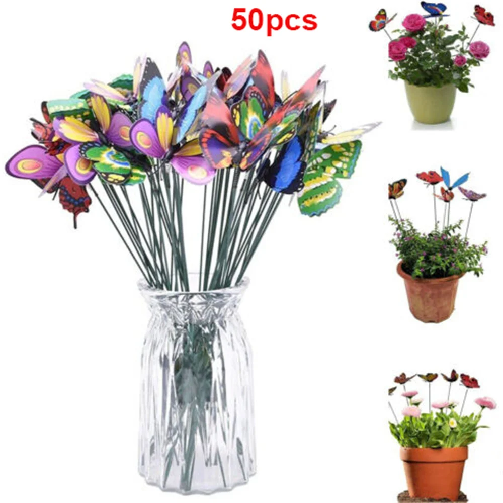 50pcs Artificial Flower Pots On Sticks Garden Decor Colorful Patio PVC Butterfly Stakes Outdoor Yard Indoor Party Supplies Craft