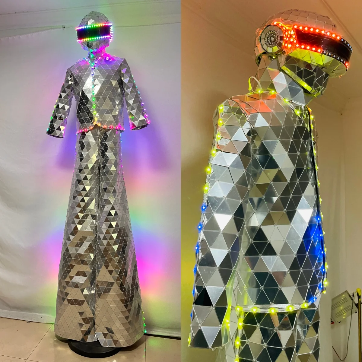 

LED Silver Acrylic Mirror Stilts Walker Latinman Costume Men's Show Suit Stage Performance Dress Golden Color