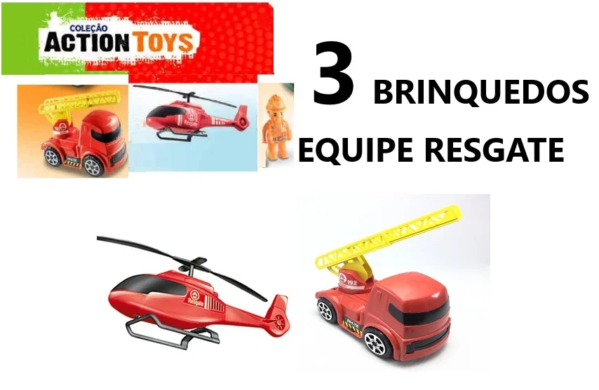 Kit 3 Brinquedos Carro Bombeiro C/Escada Helicoptero Boneco