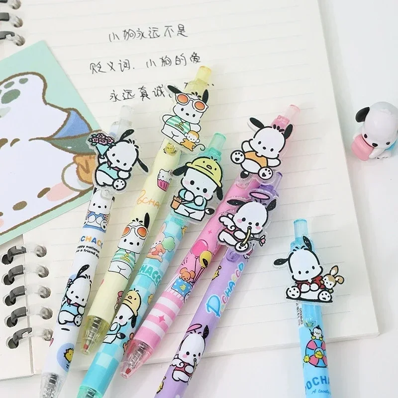 Imagem -05 - Sanrio 48 Peças Canetas de Gel dos Desenhos Animados Pochacco Acrílico Remendo Imprensa Caneta Tinta Preta 0.5 mm Estudante Material Escolar Bonito Crianças Prêmios