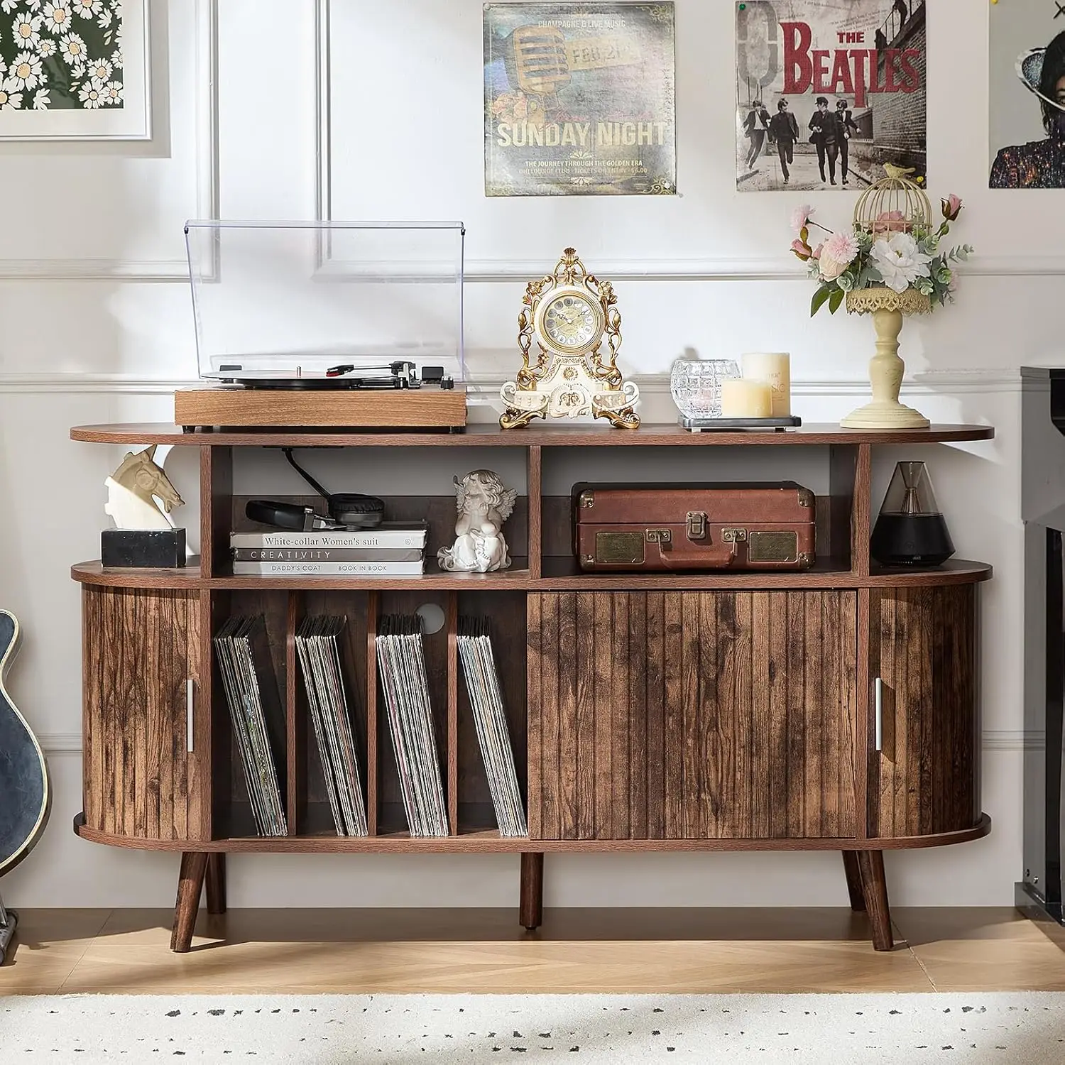 Large Round Record Player Stand with Charging Station & Fluted Panel, Brown Mid Century Modern Turntable Cabinet, Customized